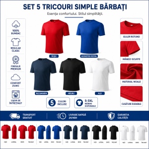 Set 5 tricouri bumbac 100% simplu clasic, Alb, Negru, Albastru Marin, Rosu, Albastru - Img 5