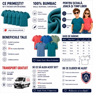 Set 5 tricouri copii din bumbac 100% – fete și băieți, 33 nuanțe disponibile - Img 3
