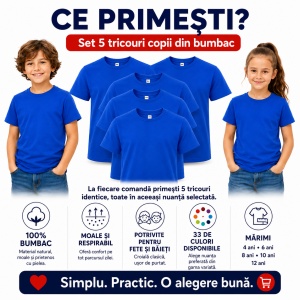 Set 5 Tricouri Copii din Bumbac 100% – Mânecă Scurtă, 33 Nuanțe, Fete și Băieți - Img 8