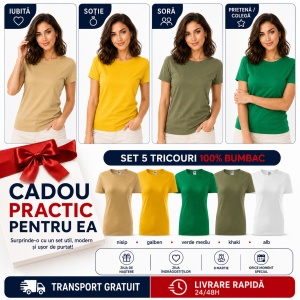 Set 5 Tricouri Damă Basic 100% Bumbac – Nisip, Galben, Verde Mediu, Khaki și Alb - Img 9