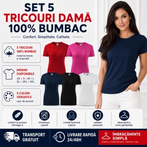 Set 5 Tricouri Damă Basic 100% Bumbac – Roșu, Purpuriu, Albastru Marin, Negru și Alb - Img 7