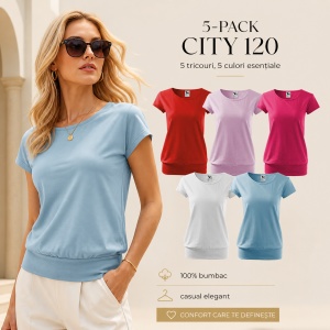 Set 5 tricouri dama din bumbac 100%, cu banda aplicata jos elegant casual pentru femei 120 - Rosu Lavanda Roz Alb Albastru - Img 6