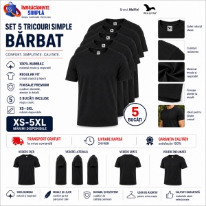 Set 5 tricouri negre din bumbac 100%, clasic si lejer la purtare pentru barbati, Negru P73 - Img 2