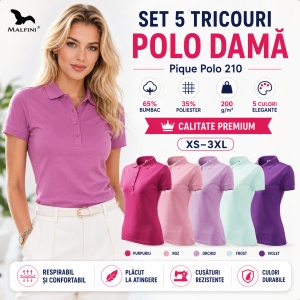 Set 5 Tricouri Polo Damă Malfini 210, Pique – Purpuriu, Roz, Orchid, Frost și Violet - Img 11