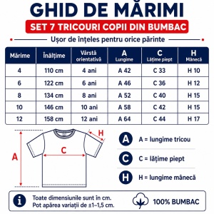 Set 7 Tricouri Copii din Bumbac 100% – Mânecă Scurtă, 33 Nuanțe, Fete și Băieți - Img 4