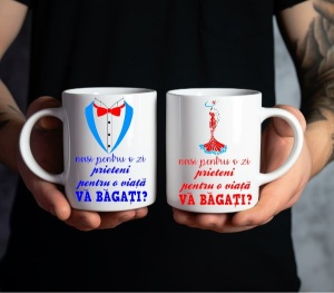 Set cadou 2 cani personalizate cu: Nasi pentru o zi! Prieteni pentru o viata! Va bagati?