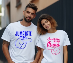 Set Două Tricouri Personalizate Cuplu – Jumătatea Mea Mai Bună