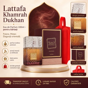 Set parfum Lattafa Khamrah Dukhan 100ml, parfum Arabesc, Barbati, Gentuta cosmetice - Img 10