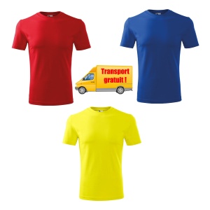 Imagine de prezentare pentru trei tricouri din bumbac tip clasic regular pentru barbati si culorile disponibile rosu, galben, albastru