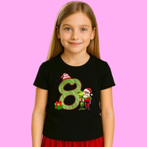 Tricou 8 Numar Craciun Cu Mos Si Spiridus Verde, din bumbac 100% Copii | Dama | Barbat