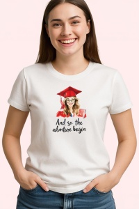 Tricou Absolventa Universitate And So The Adventure Begin, din bumbac 100% , tricou alb pentru Dama - Img 2