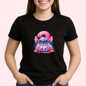 Tricou Alfabet Cifra 2 cu Stitch Roz fericit, explozie de culori, Negru, Unisex Dama si Barbat | Copii