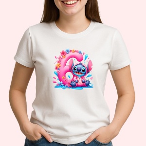 Tricou Alfabet Cifra 6 cu Lilo si Stitch albastru, veselie mare, Alb, Unisex Dama si Barbat | Copii - Img 3