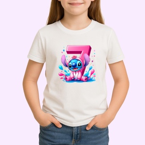 Tricou Alfabet Cifra 7 cu Stitch Roz fericit, explozie de culori, Alb, Unisex Dama si Barbat | Copii - Img 2