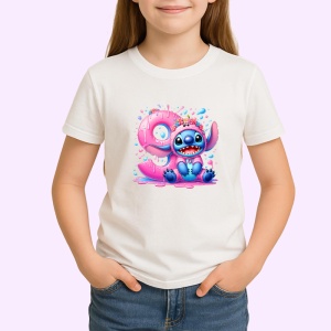 Tricou Alfabet Cifra 9 cu Stitch Roz fericit, explozie de culori, Alb, Unisex Dama si Barbat | Copii - Img 2