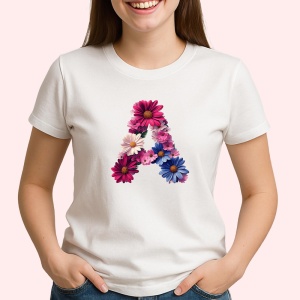 Tricou Alfabet Litera A cu flori, margarete, flori colorate, Alb, Unisex Dama si Barbat | Copii