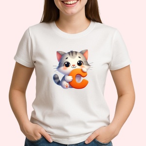Tricou Alfabet Litera C cu animal Cat Pisica , Alb, Unisex Dama si Barbat | Copii - Img 2