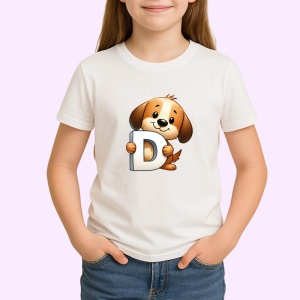 Tricou Alfabet Litera D cu animal Dog Caine , Alb, Unisex Dama si Barbat | Copii