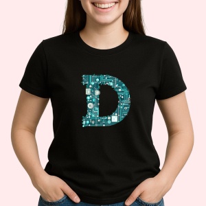 Tricou Alfabet Litera D cu circuite, cyber, tehnologie, Negru, Unisex Dama si Barbat | Copii