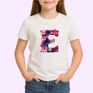 Tricou Alfabet Litera E cu flori, margarete, flori colorate, Alb, Unisex Dama si Barbat | Copii - Img 2