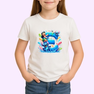 Tricou Alfabet Litera E cu Lilo si Stitch albastru, veselie mare, Alb, Unisex Dama si Barbat | Copii - Img 2