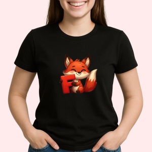 Tricou Alfabet Litera F cu animal Fox Vulpe, Negru, Unisex Dama si Barbat | Copii
