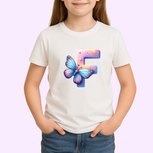 Tricou Alfabet Litera F cu fluturi colorati, stele aurii, flori colorate, Alb, Unisex Dama si Barbat | Copii - Img 2