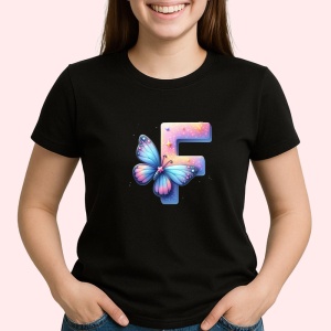 Tricou Alfabet Litera F cu fluturi colorati, stele aurii, flori colorate, Negru, Unisex Dama si Barbat | Copii