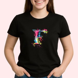 Tricou Alfabet Litera F cu graffiti, design exploziv, arta urbana, Negru, Unisex Dama si Barbat | Copii
