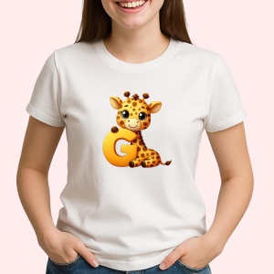 Tricou Alfabet Litera G cu animal Giraffe Girafa , Alb, Unisex Dama si Barbat | Copii - Img 2