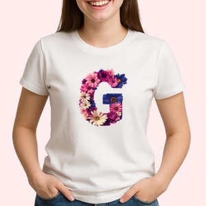 Tricou Alfabet Litera G cu flori, margarete, flori colorate, Alb, Unisex Dama si Barbat | Copii