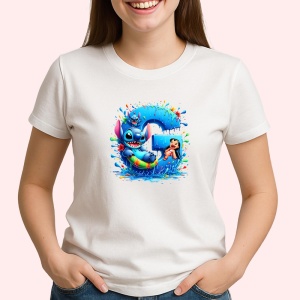 Tricou Alfabet Litera G cu Lilo si Stitch albastru, veselie mare, Alb, Unisex Dama si Barbat | Copii