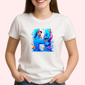 Tricou Alfabet Litera H cu Lilo si Stitch albastru, veselie mare, Alb, Unisex Dama si Barbat | Copii