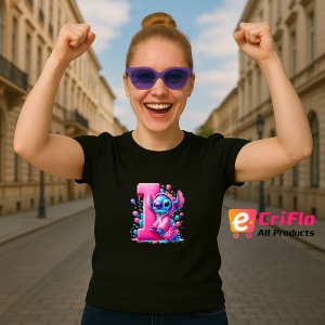 Tricou Alfabet Litera I cu Stitch Roz fericit, explozie de culori, Negru, Unisex Dama si Barbat | Copii - Img 3