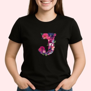 Tricou Alfabet Litera J cu flori, margarete, flori colorate, Negru, Unisex Dama si Barbat | Copii