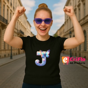 Tricou Alfabet Litera J cu fluturi colorati, stele aurii, flori colorate, Negru, Unisex Dama si Barbat | Copii - Img 3