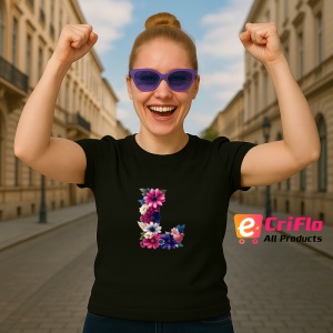 Tricou Alfabet Litera L cu flori, margarete, flori colorate, Negru, Unisex Dama si Barbat | Copii - Img 3