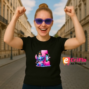Tricou Alfabet Litera L cu Stitch Roz fericit, explozie de culori, Negru, Unisex Dama si Barbat | Copii - Img 3