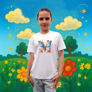 Tricou Alfabet Litera M cu fluturi colorati, stele aurii, flori colorate, Alb, Unisex Dama si Barbat | Copii - Img 6