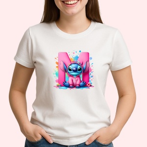 Tricou Alfabet Litera M cu Stitch Roz fericit, explozie de culori, Alb, Unisex Dama si Barbat | Copii
