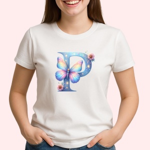 Tricou Alfabet Litera P cu fluturi colorati, stele aurii, flori colorate, Alb, Unisex Dama si Barbat | Copii
