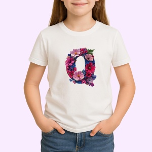 Tricou Alfabet Litera Q cu flori, margarete, flori colorate, Alb, Unisex Dama si Barbat | Copii - Img 2