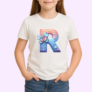 Tricou Alfabet Litera R cu fluturi colorati, stele aurii, flori colorate, Alb, Unisex Dama si Barbat | Copii - Img 2