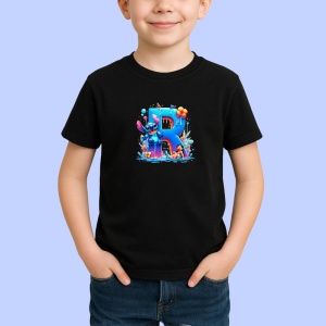 Tricou Alfabet Litera R cu Lilo si Stitch albastru, veselie mare, Mare, Negru, Unisex Dama si Barbat | Copii