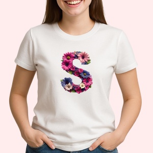 Tricou Alfabet Litera S cu flori, margarete, flori colorate, Alb, Unisex Dama si Barbat | Copii