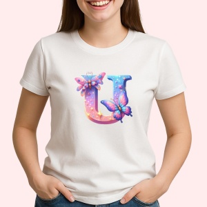 Tricou Alfabet Litera U cu fluturi colorati, stele aurii, flori colorate, Alb, Unisex Dama si Barbat | Copii
