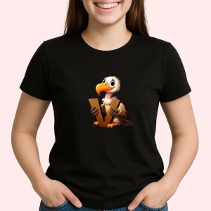 Tricou Alfabet Litera V cu animal Vulture Vultur, Negru, Unisex Dama si Barbat | Copii
