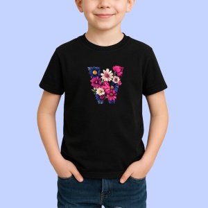 Tricou Alfabet Litera W cu flori, margarete, flori colorate, Negru, Unisex Dama si Barbat | Copii - Img 2