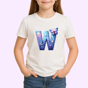 Tricou Alfabet Litera W cu fluturi colorati, stele aurii, flori colorate, Alb, Unisex Dama si Barbat | Copii - Img 2