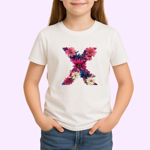 Tricou Alfabet Litera X cu flori, margarete, flori colorate, Alb, Unisex Dama si Barbat | Copii - Img 2